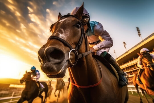 Horse racing, betting on equestrian sports. An equestrian. Many horses are competing, running against the background of the sunset. generative ai