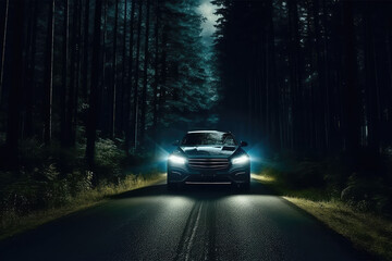 Sports car of the future on the road in motion, speed and transport. Sports car on the background of the forest neon light. generative ai