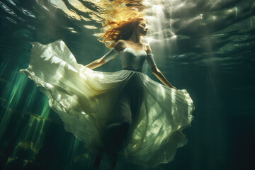 Beautiful girl underwater shooting, woman in long white dress, person under water, bride. generative ai