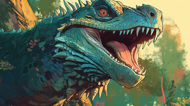 A basilisk petrifying a victim with its gaze . Fantasy concept , Illustration painting. Generative Ai