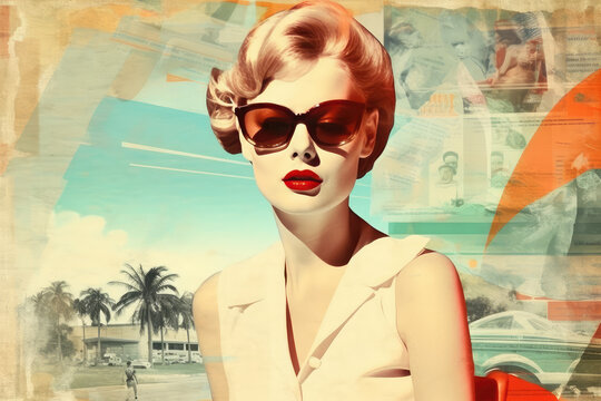 Collage of girl in retro style with hairstyle, glasses and palm trees on old newspaper background. generative ai