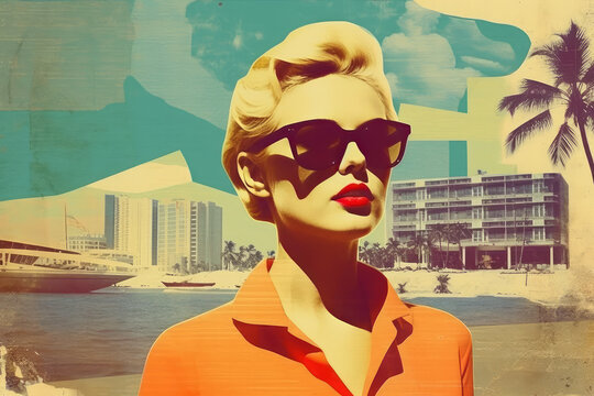 Collage of girl in retro style with hairstyle, glasses and palm trees on old newspaper background. generative ai