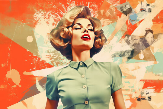 Collage of girl in retro style with hairstyle, glasses and palm trees on old newspaper background. generative ai