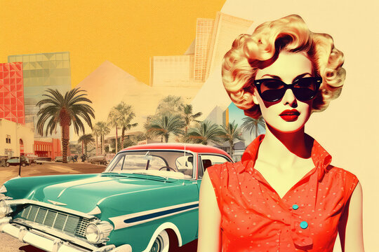 Collage of girl in retro style with hairstyle, glasses and palm trees on old newspaper background. generative ai