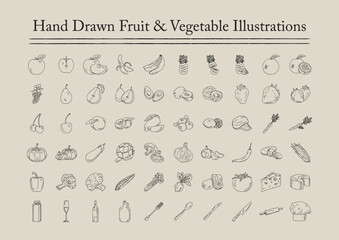 Hand Drawn Fruit and Vegetable Vector Illustrations
