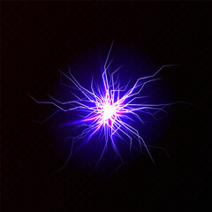 Lightnings, thunderbolt strikes isolated. Ground cracks with light inside. Powerful electrical discharge, Realistic 3d vector bolts set isolated on black background