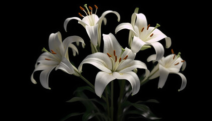 Set of Lilies, isolated on transparent background. 3D render. Hight contrast. Black solid bacground. : Unreal Engine, Cinematic, Photoshoot, DOF. intricate hyper maximalist, elegant. : Generative AI.