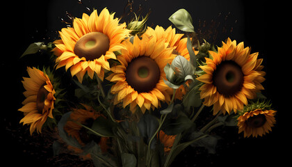 Fototapeta na wymiar Set of Sunflowers, isolated on transparent background. 3D render. Hight contrast. Black solid bacground. : Unreal Engine, Cinematic, Photoshoot, DOF. intricate hyper maximalist, elegant. :