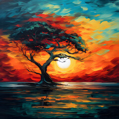 abstract art sunset ocean tree