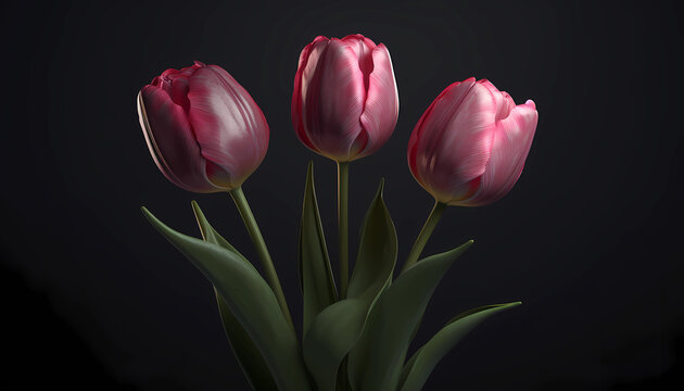 Set of Tulips, isolated on transparent background. 3D render. Hight contrast. Black solid bacground. : Unreal Engine, Cinematic, Photoshoot, DOF. intricate hyper maximalist, elegant. :