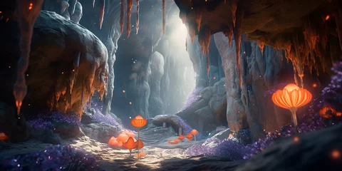Magic fantasy cave with bright flourish orange plants. Generative AI © Aliaksandra