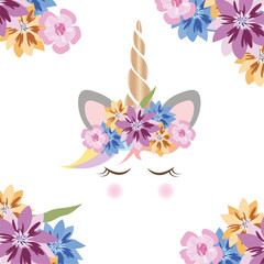 Cute unicorn's head with gold horn with flowers. Vector illustration
