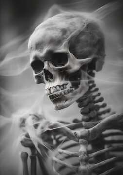 Black and white photographic skeleton in cloudy, dark and chaotic, selective focus, conceptual installation art, moody colors, close-up, romantic goth. Ai generative art