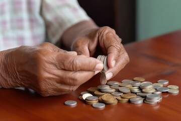 Fototapeta na wymiar elderly man at wooden table, counting coins, poverty and the need to save money with low pension
