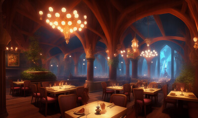 Fototapeta na wymiar Enchanting Eats: The Fantasy Art Restaurant. Generative AI 