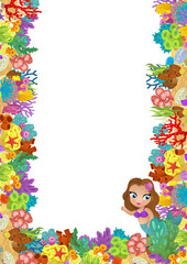 cartoon scene with coral reef and happy fishes swimming near mermaid princess isolated illustration for children