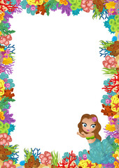 cartoon scene with coral reef and happy fishes swimming near mermaid princess isolated illustration for children