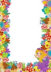 cartoon scene with coral reef and happy fishes swimming near mermaid princess isolated illustration for children