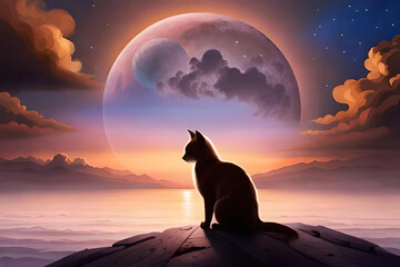 A silhouette of a cat watching a full moon rise in the night sky, creating an atmospheric and mystical mood