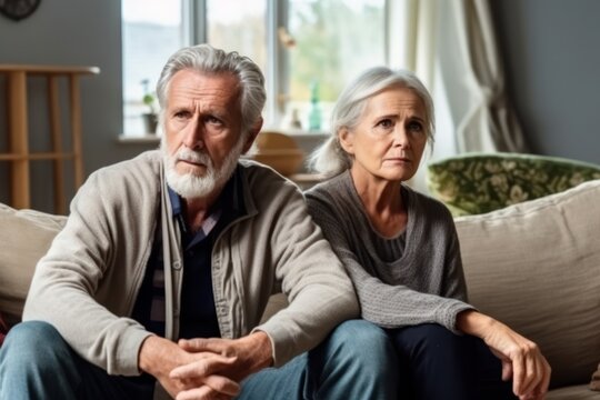 Disheartened senior couple, their serious and upset expressions revealing frustration.