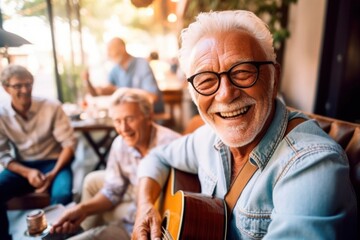 Lifelong friends reunion, Senior men gather together laugh talk and play guitar