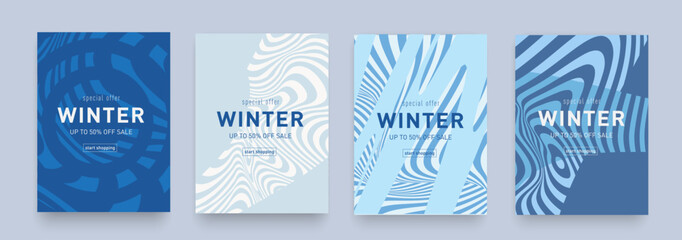 Geometric Psychedelic Winter Retro Set Blue, White Colors. 3d art 50s of Hippy Illusion. Background Wavy Trippy Patterns offer 50% for Banner, Poster, Card, Cover.