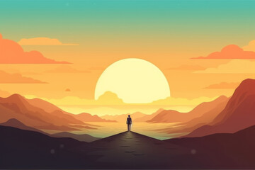 Fototapeta na wymiar Stunning visual of a lone person standing on the peak of a mountain during sunset. It represents solitude, success, and perseverance.. Generative AI Technology.