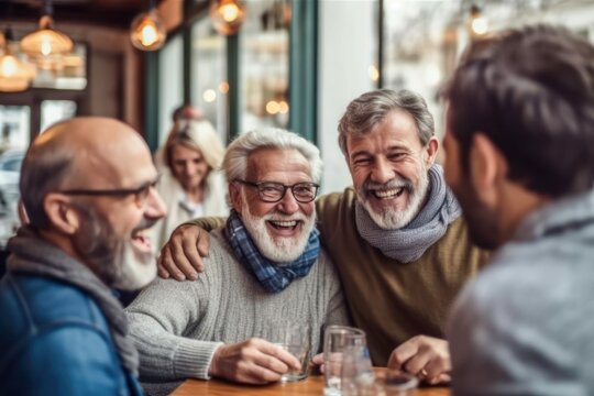 Lifelong friends reunion, Senior men gather at a cafe, their table adorned with drinks, discuss life