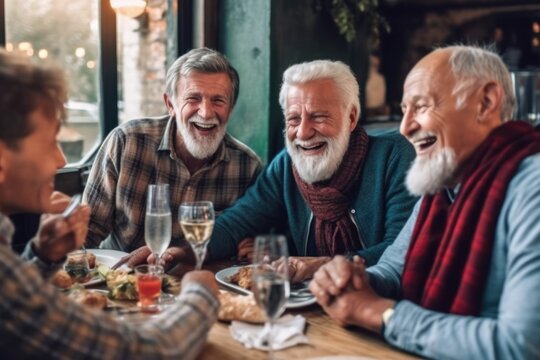 Happy senior men enjoying drinks together discussing life and funny situations