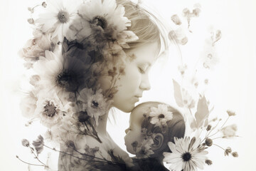 Connection between a mother and her child. The double exposure technique. advertising or promoting family, parenting, or love-themed content. Generative AI Technology.