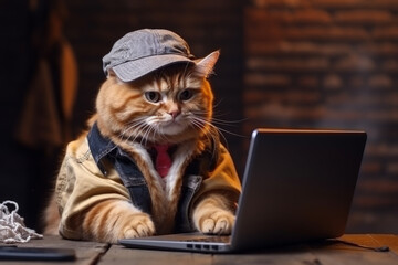 whimsy and creativity of a cat dressed as a designer, wearing a knitted hat and glasses, hard at work on a laptop, exuding intelligence and ingenuity. Generative AI Technology.