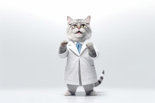 young feline dressed as a doctor with a stethoscope around the neck and glasses. Cute and funny image for veterinary or medical content. Symbol of caring and expertise. Generative AI Technology