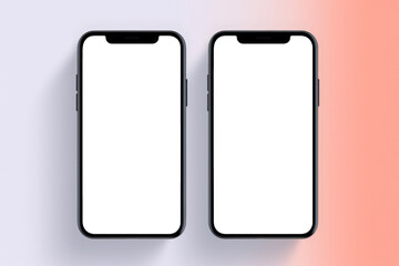 Two mockup smartphones with white blank screens are lying on a table, top view. Generative AI Technology.