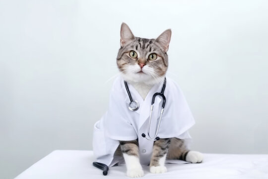 young feline dressed as a doctor with a stethoscope around the neck and glasses. Cute and funny image for veterinary or medical content. Symbol of caring and expertise. Generative AI Technology