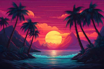 Fotobehang Beautiful beach landscape in a 80s Retrowave theme. Mountain ranges and sunset. Amazing printable wallpaper © Skrotaa