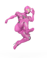 cyber soldier girl is jumping fast in white background