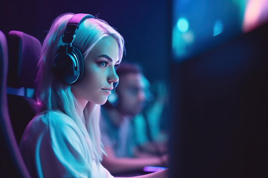 Beautiful female professional gamer plays with her team during the Esports championship. A girl at a cybersports competition in a computer club illuminated by neon lights. Generative AI