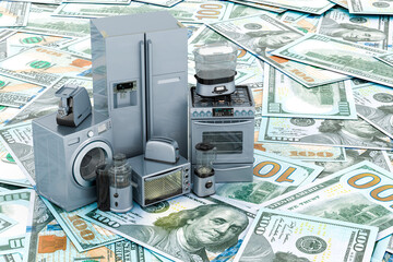 Kitchen and home appliance on the dollars background, 3D rendering