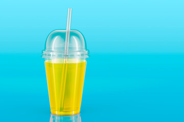 Plastic transparent disposable cup with colored drink and drinking straw on blue background, 3D rendering