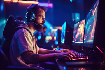 Bearded gamer guy plays video games at Esports championship. Guy plays at a cybersports event in neon light. Generative AI - obrazy, fototapety, plakaty