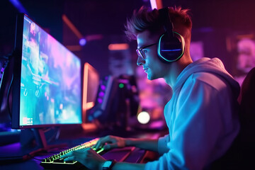 Pro gamer streamer wearing headphones and eyeglasses playing online computer game in his neon lights game studio. Cybersport, esports and live streaming. Generative AI - obrazy, fototapety, plakaty