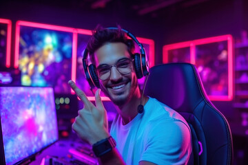 Cheerful professional gaming streamer wearing headphones and eyeglasses greets his followers and subscribers on the stream with gesturing. Streaming and game Industry concepts. Generative AI - obrazy, fototapety, plakaty