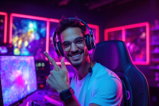 Cheerful professional gaming streamer wearing headphones and eyeglasses greets his followers and subscribers on the stream with gesturing. Streaming and game Industry concepts. Generative AI