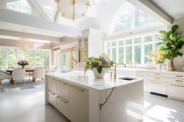 Beautiful white and modern kitchen showcasing a luxurious space. Generative AI