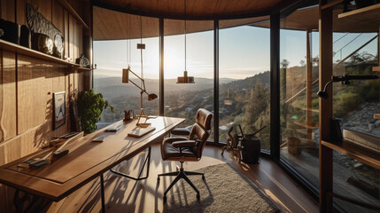 Fototapeta na wymiar Modern room with a beautiful view of the mountains. Generative AI