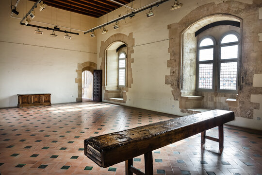 Interior of Palace of the Kings of Majorca (Palais des Rois de Majorque, built in XIII century. Perpignan, Pyrenees-Orientales, France. September 1, 2020.