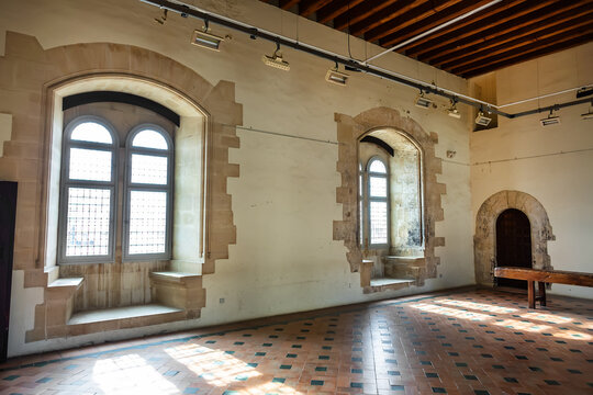 Interior of Palace of the Kings of Majorca (Palais des Rois de Majorque, built in XIII century. Perpignan, Pyrenees-Orientales, France. September 1, 2020.
