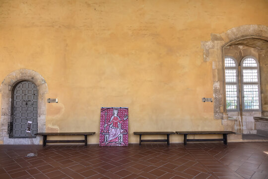 Interior of Palace of the Kings of Majorca (Palais des Rois de Majorque, built in XIII century. Perpignan, Pyrenees-Orientales, France. September 1, 2020.
