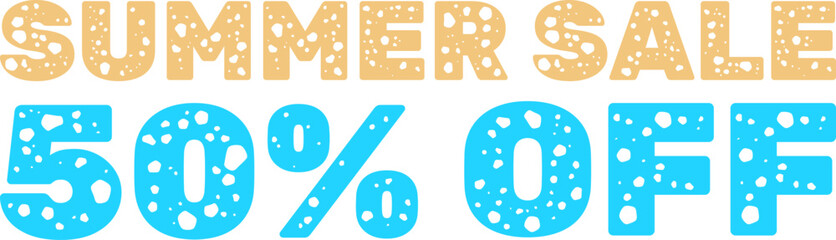 Summer Sale 50% discount promotion text. Sea and sand theme.
