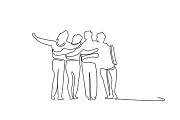 young female male people team teamwork students hugging walking outside posing happy full body length line art